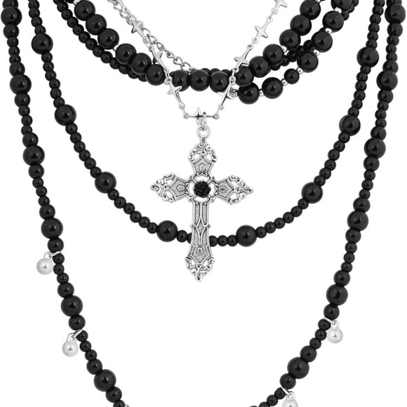 Gothic Black Imitation Pearl Cross Choker Necklace for Women Men Punk Edgy Jewel - Picture 1 of 7